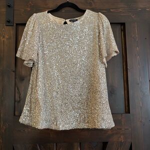 Hilary Radley Gold Platinum Sequin Blouse Short Sleeve Large